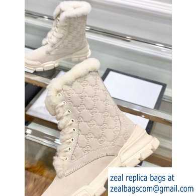 Gucci Suede Leather and GG Shearling Lace-up Ankle Boots White 2019