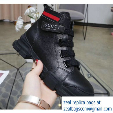 Gucci Web Leather and Logo High-top Sneakers Black 2019 - Click Image to Close