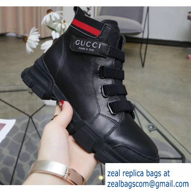 Gucci Web Leather and Logo High-top Sneakers Black 2019