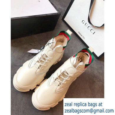 Gucci Web Leather and Logo Shearling High-top Sneakers Creamy 2019
