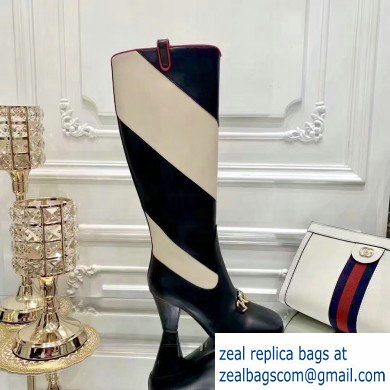 Gucci Zumi Diagonal Stripe Knee Boots 575840 Black/Beige 2019 - Click Image to Close