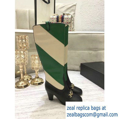 Gucci Zumi Diagonal Stripe Knee Boots 575840 Black/Beige/Green 2019 - Click Image to Close