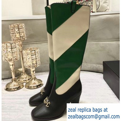 Gucci Zumi Diagonal Stripe Knee Boots 575840 Black/Beige/Green 2019