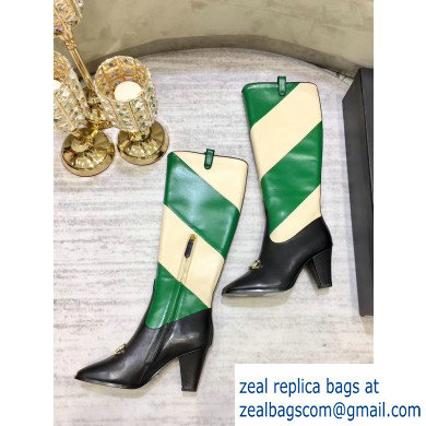 Gucci Zumi Diagonal Stripe Knee Boots 575840 Black/Beige/Green 2019 - Click Image to Close