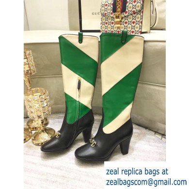 Gucci Zumi Diagonal Stripe Knee Boots 575840 Black/Beige/Green 2019 - Click Image to Close