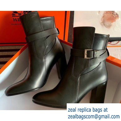 Hermes Songe Heel Ankle Boots Leather Black with Wrap-Around Strap 2019