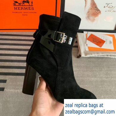 Hermes Songe Heel Ankle Boots Suede Black with Wrap-Around Strap 2019