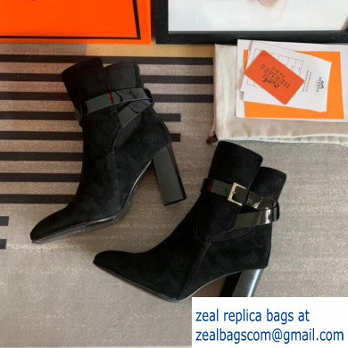 Hermes Songe Heel Ankle Boots Suede Black with Wrap-Around Strap 2019