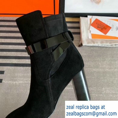 Hermes Songe Heel Ankle Boots Suede Black with Wrap-Around Strap 2019