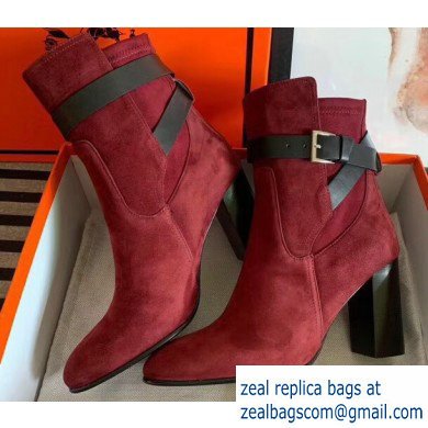 Hermes Songe Heel Ankle Boots Suede Burgundy with Wrap-Around Strap 2019 - Click Image to Close