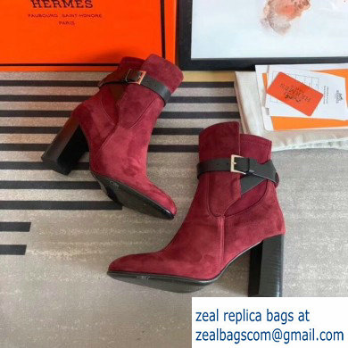 Hermes Songe Heel Ankle Boots Suede Burgundy with Wrap-Around Strap 2019 - Click Image to Close