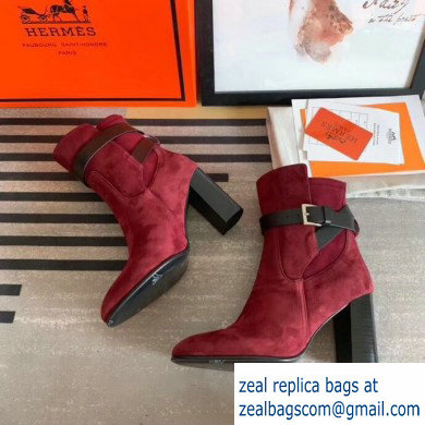 Hermes Songe Heel Ankle Boots Suede Burgundy with Wrap-Around Strap 2019