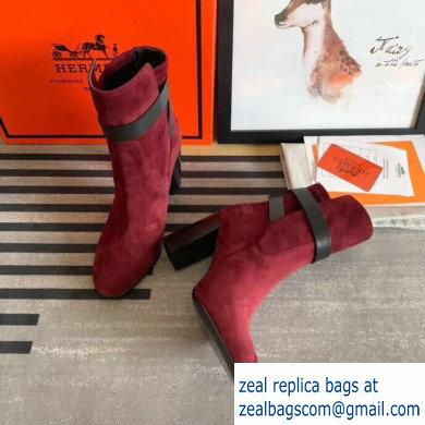 Hermes Songe Heel Ankle Boots Suede Burgundy with Wrap-Around Strap 2019