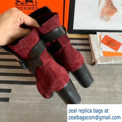 Hermes Songe Heel Ankle Boots Suede Burgundy with Wrap-Around Strap 2019 - Click Image to Close