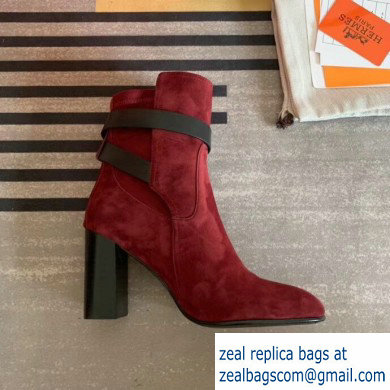 Hermes Songe Heel Ankle Boots Suede Burgundy with Wrap-Around Strap 2019