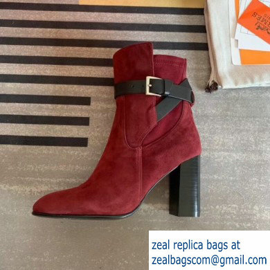 Hermes Songe Heel Ankle Boots Suede Burgundy with Wrap-Around Strap 2019