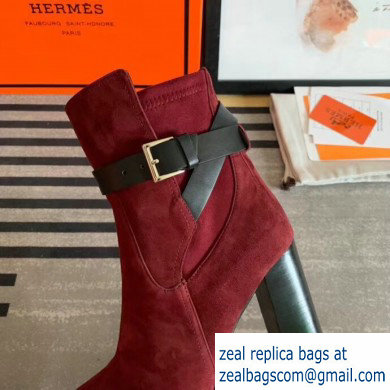 Hermes Songe Heel Ankle Boots Suede Burgundy with Wrap-Around Strap 2019