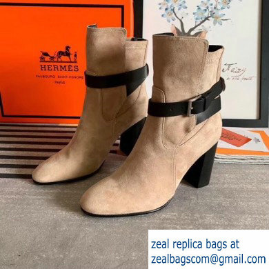 Hermes Songe Heel Ankle Boots Suede Camel with Wrap-Around Strap 2019