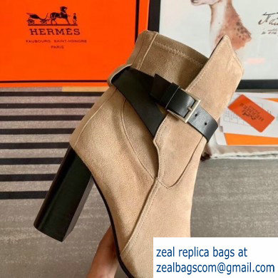 Hermes Songe Heel Ankle Boots Suede Camel with Wrap-Around Strap 2019