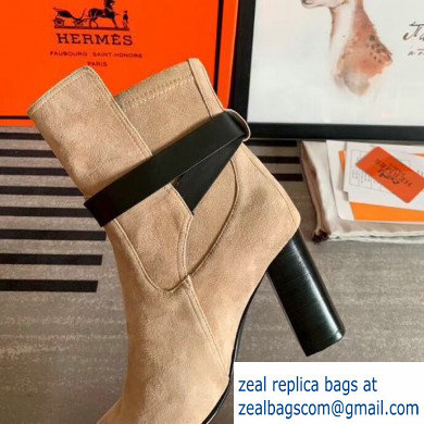 Hermes Songe Heel Ankle Boots Suede Camel with Wrap-Around Strap 2019