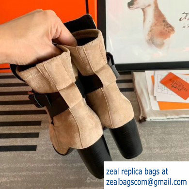 Hermes Songe Heel Ankle Boots Suede Camel with Wrap-Around Strap 2019