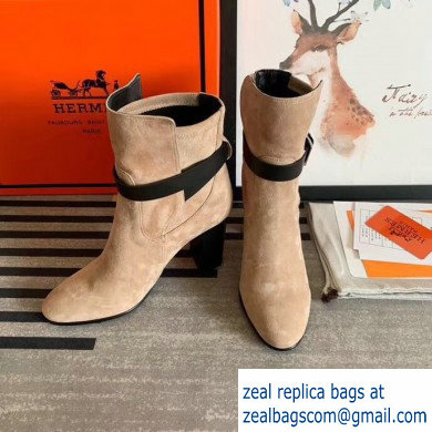 Hermes Songe Heel Ankle Boots Suede Camel with Wrap-Around Strap 2019 - Click Image to Close