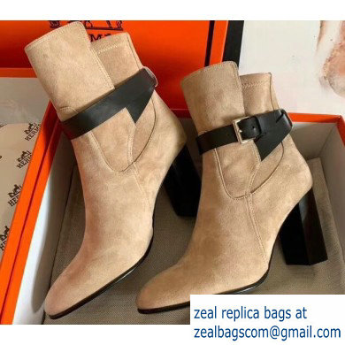 Hermes Songe Heel Ankle Boots Suede Camel with Wrap-Around Strap 2019