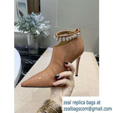 Jimmy Choo Heel 9.5cm Patent Leather Ankle Boots Apricot with Crystal Strap 2019