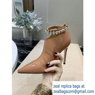 Jimmy Choo Heel 9.5cm Patent Leather Ankle Boots Apricot with Crystal Strap 2019 - Click Image to Close