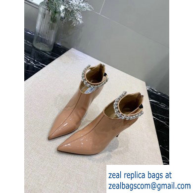 Jimmy Choo Heel 9.5cm Patent Leather Ankle Boots Apricot with Crystal Strap 2019