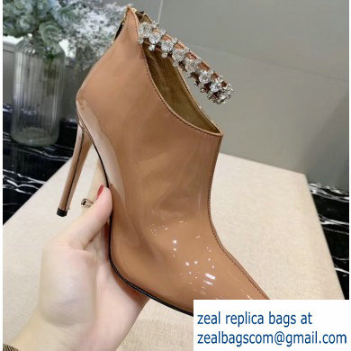 Jimmy Choo Heel 9.5cm Patent Leather Ankle Boots Apricot with Crystal Strap 2019