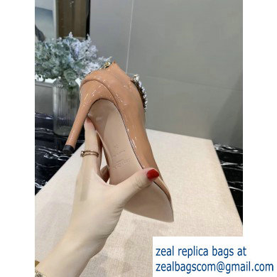 Jimmy Choo Heel 9.5cm Patent Leather Ankle Boots Apricot with Crystal Strap 2019