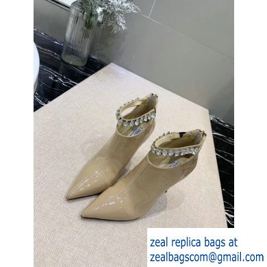 Jimmy Choo Heel 9.5cm Patent Leather Ankle Boots Beige with Crystal Strap 2019 - Click Image to Close