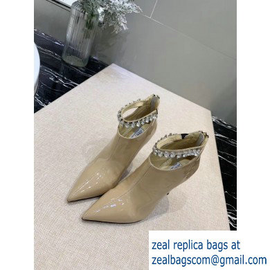 Jimmy Choo Heel 9.5cm Patent Leather Ankle Boots Beige with Crystal Strap 2019