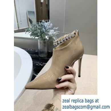 Jimmy Choo Heel 9.5cm Patent Leather Ankle Boots Beige with Crystal Strap 2019