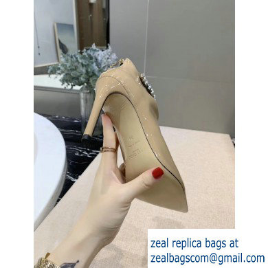 Jimmy Choo Heel 9.5cm Patent Leather Ankle Boots Beige with Crystal Strap 2019
