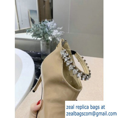 Jimmy Choo Heel 9.5cm Patent Leather Ankle Boots Beige with Crystal Strap 2019