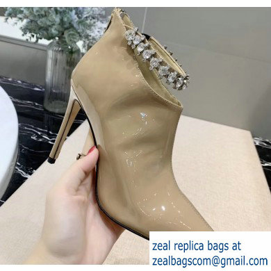 Jimmy Choo Heel 9.5cm Patent Leather Ankle Boots Beige with Crystal Strap 2019