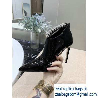 Jimmy Choo Heel 9.5cm Patent Leather Ankle Boots Black with Crystal Strap 2019