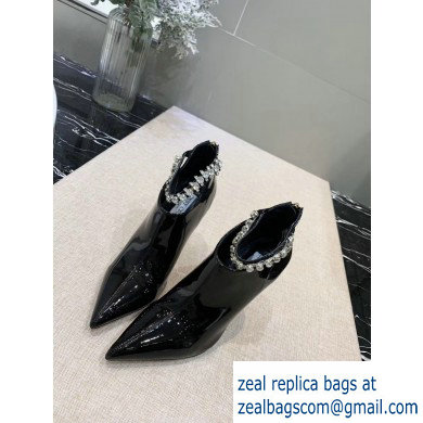 Jimmy Choo Heel 9.5cm Patent Leather Ankle Boots Black with Crystal Strap 2019