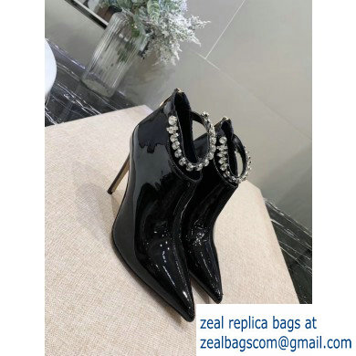 Jimmy Choo Heel 9.5cm Patent Leather Ankle Boots Black with Crystal Strap 2019