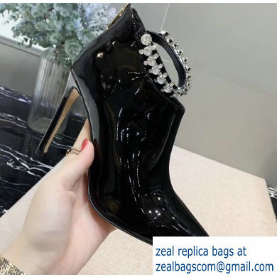 Jimmy Choo Heel 9.5cm Patent Leather Ankle Boots Black with Crystal Strap 2019