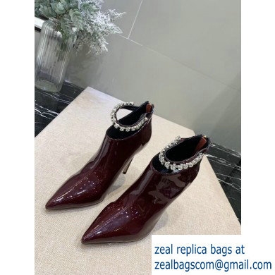 Jimmy Choo Heel 9.5cm Patent Leather Ankle Boots Burgundy with Crystal Strap 2019