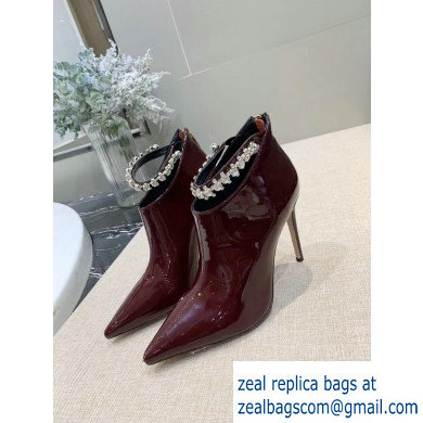 Jimmy Choo Heel 9.5cm Patent Leather Ankle Boots Burgundy with Crystal Strap 2019