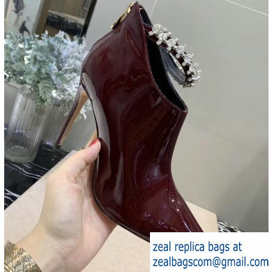 Jimmy Choo Heel 9.5cm Patent Leather Ankle Boots Burgundy with Crystal Strap 2019