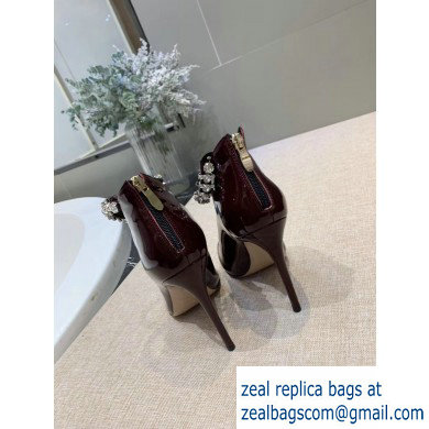 Jimmy Choo Heel 9.5cm Patent Leather Ankle Boots Burgundy with Crystal Strap 2019