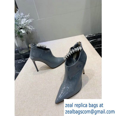 Jimmy Choo Heel 9.5cm Patent Leather Ankle Boots Gray with Crystal Strap 2019