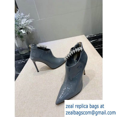 Jimmy Choo Heel 9.5cm Patent Leather Ankle Boots Gray with Crystal Strap 2019 - Click Image to Close