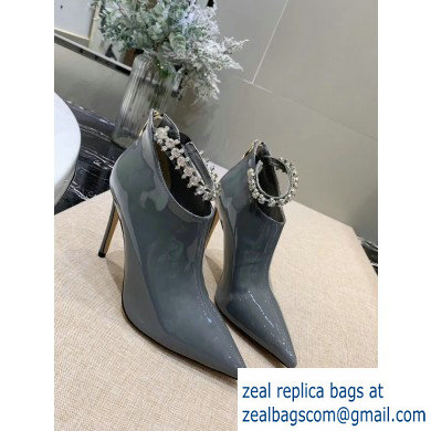 Jimmy Choo Heel 9.5cm Patent Leather Ankle Boots Gray with Crystal Strap 2019