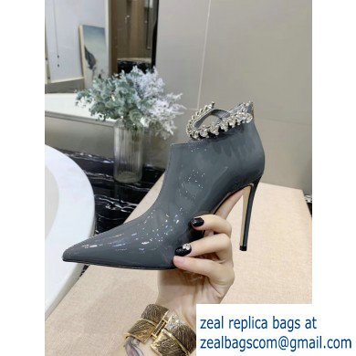Jimmy Choo Heel 9.5cm Patent Leather Ankle Boots Gray with Crystal Strap 2019